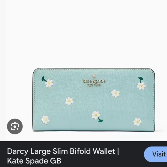 ❣️NEW❣️ Kate Spade Wallet embroidered lea aphrodite green blue daisy large - Picture 6 of 8